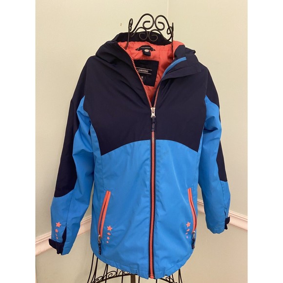 Lands End M 10-12 Blue Pink Stars Hood Full Zip Jacket Coat - Picture 1 of 6